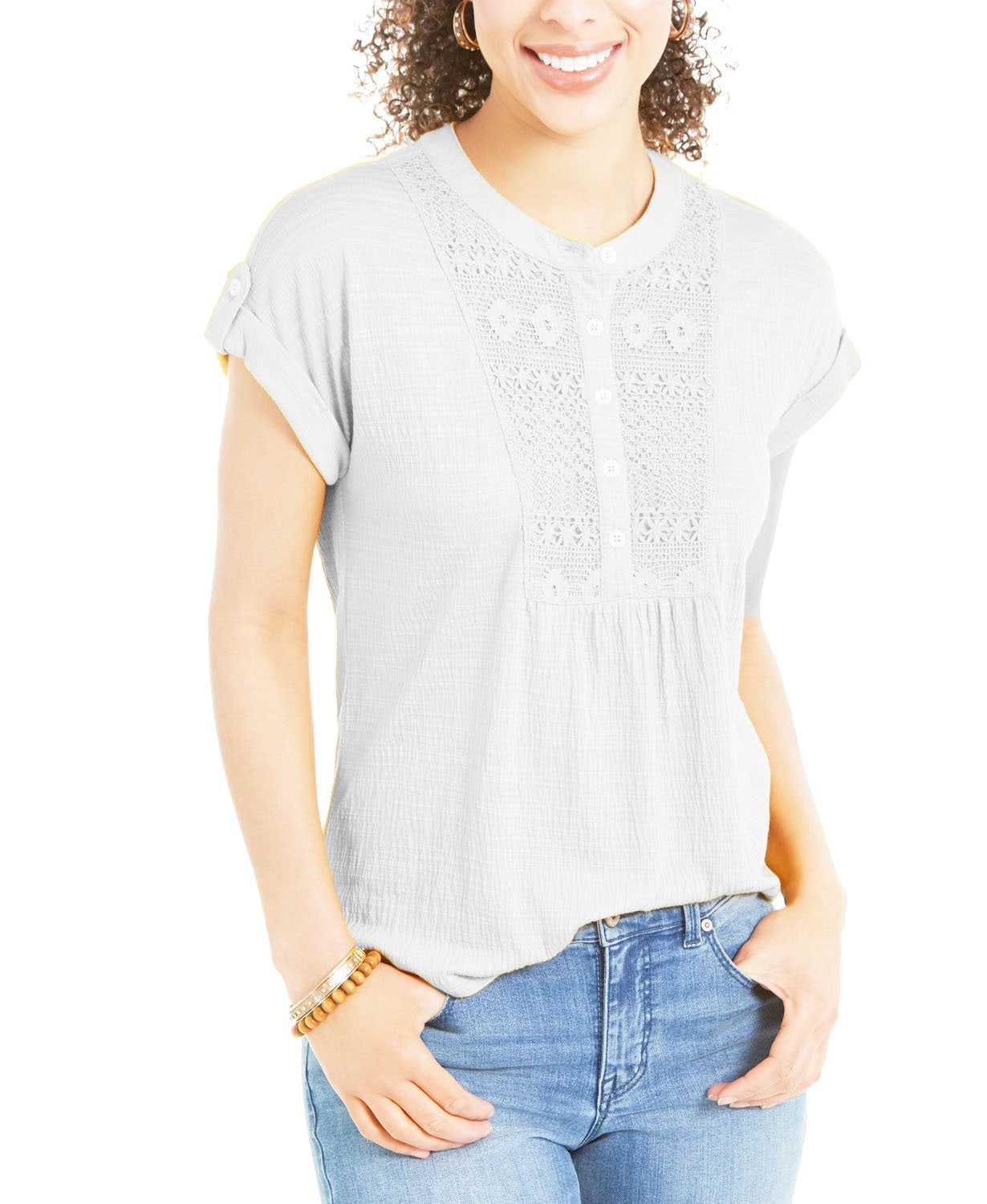 Style & Co Women's Crochet-Bib Textured Top White Size Small
