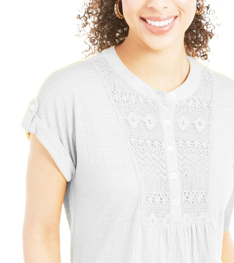 Style & Co Women's Crochet-Bib Textured Top White Size Small