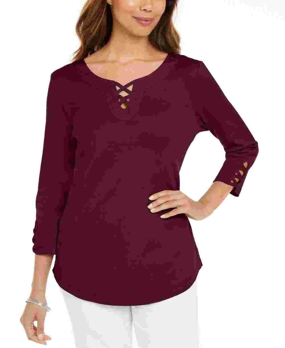Karen Scott Women's Cotton Lace Up T-Shirt Red Size Small
