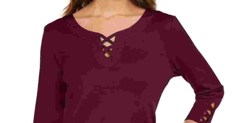 Karen Scott Women's Cotton Lace Up T-Shirt Red Size Small