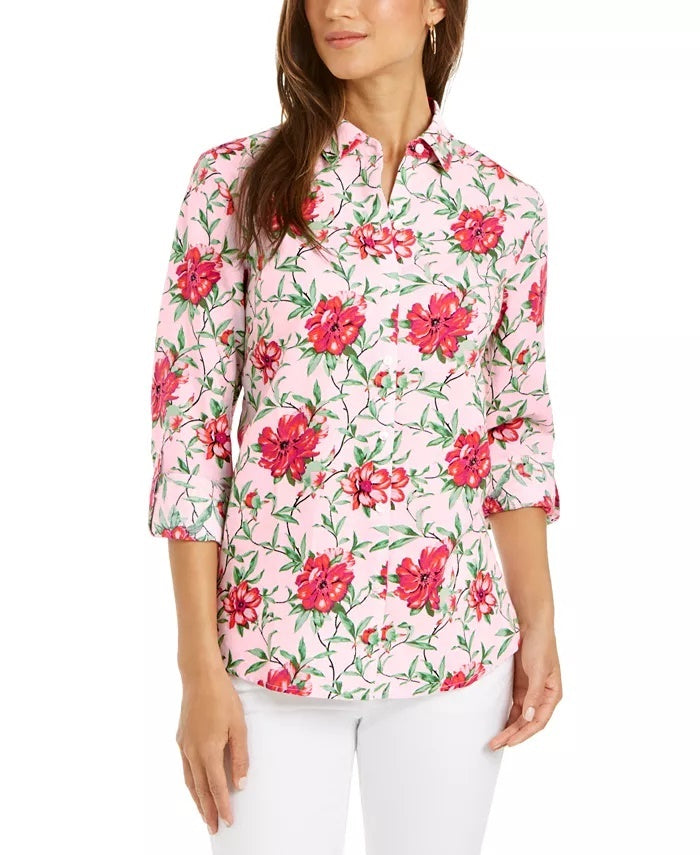 Charter Club Women's Linen-Blend Printed Tab-Sleeve Shirt Dark Pink Size Extra Small