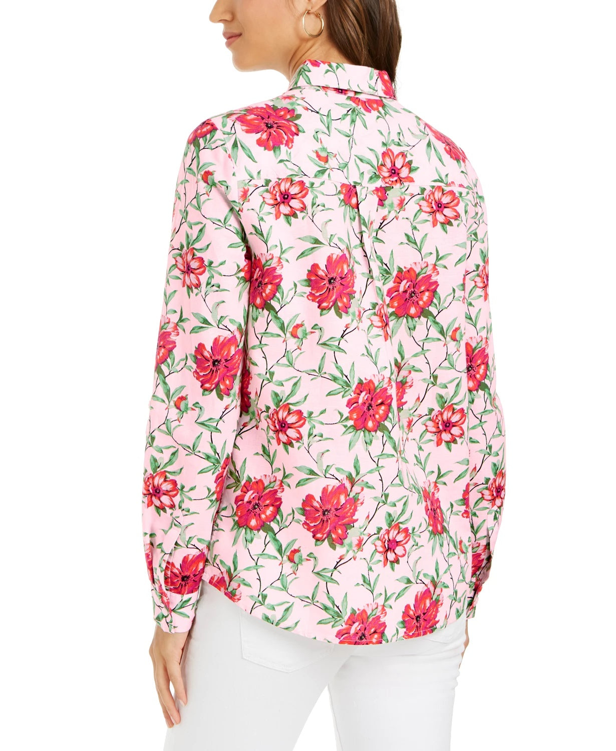 Charter Club Women's Linen-Blend Printed Tab-Sleeve Shirt Dark Pink Size Extra Small
