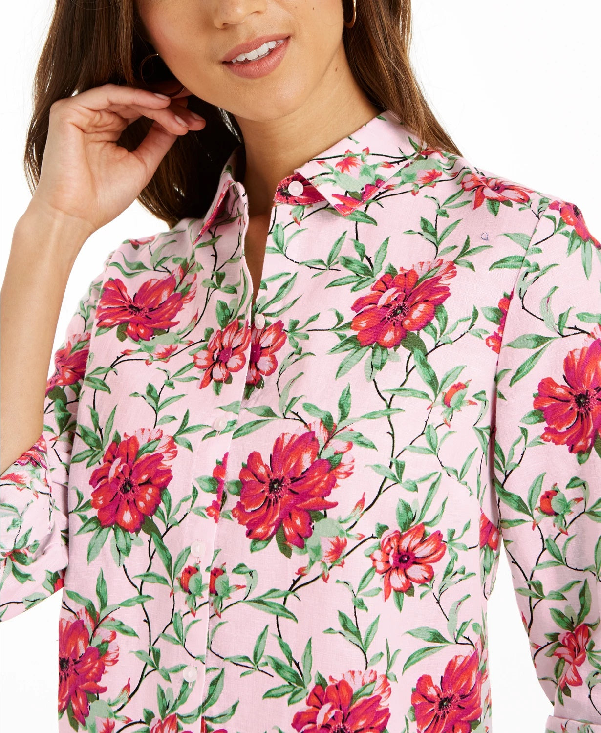 Charter Club Women's Linen-Blend Printed Tab-Sleeve Shirt Dark Pink Size Extra Small