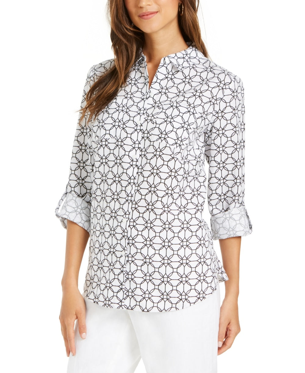 Charter Club Women's Printed Tab-Sleeve Shirt White Size Medium