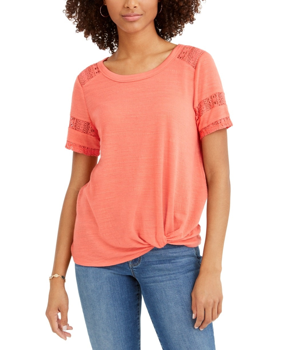 Style & Co Women's Lace Inset Top Orange Size Small