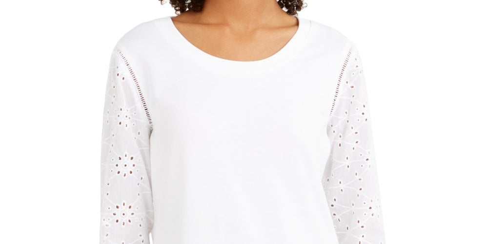 Style & Co Women's Eyelet-Sleeve Cotton Top White Size Medium
