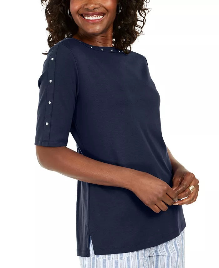 Karen Scott Women's Studded Elbow-Sleeve Boat-Neck Top Dark Blue Size Small