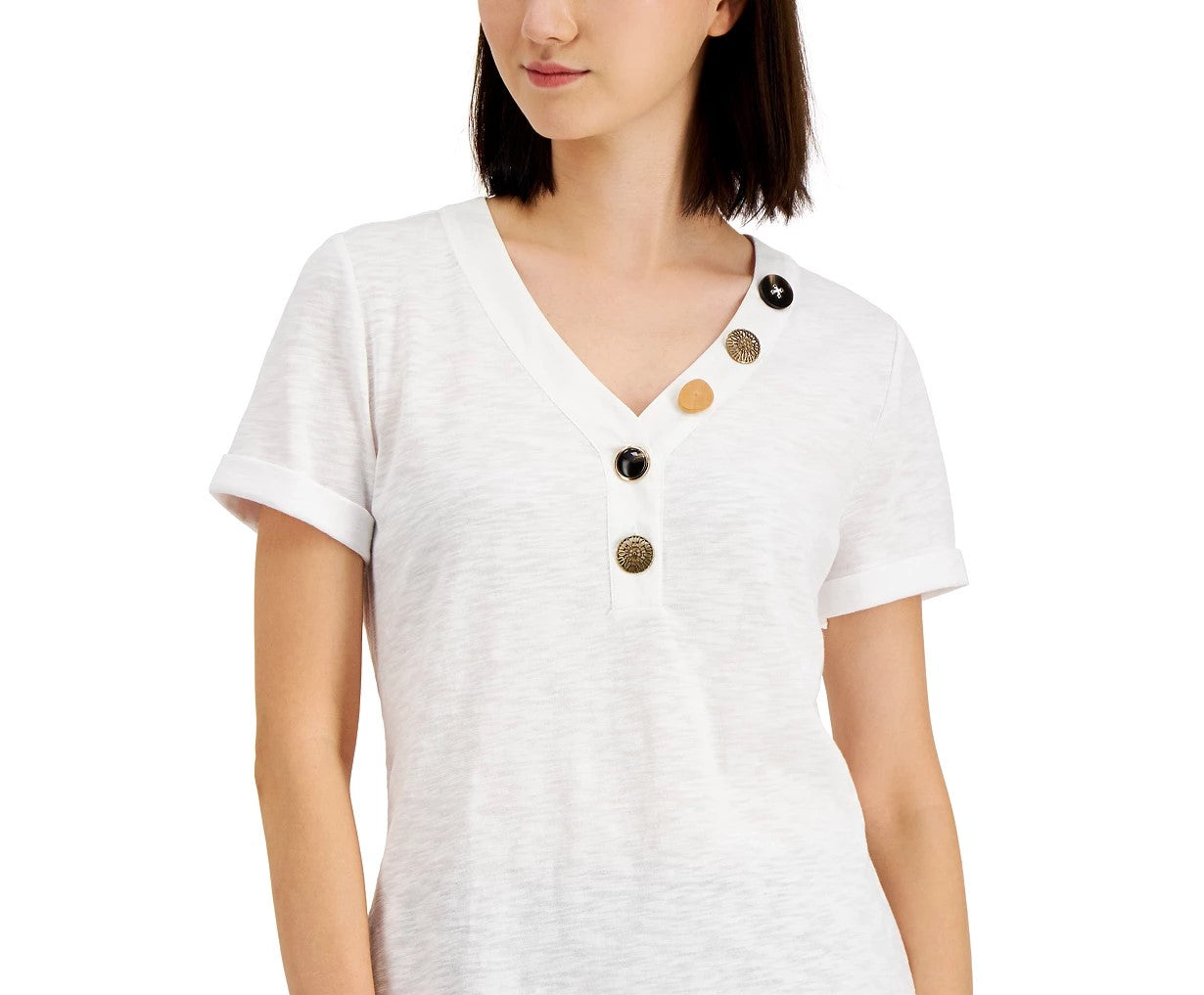 JM Collection Women's Mixed Button Top White Size Small