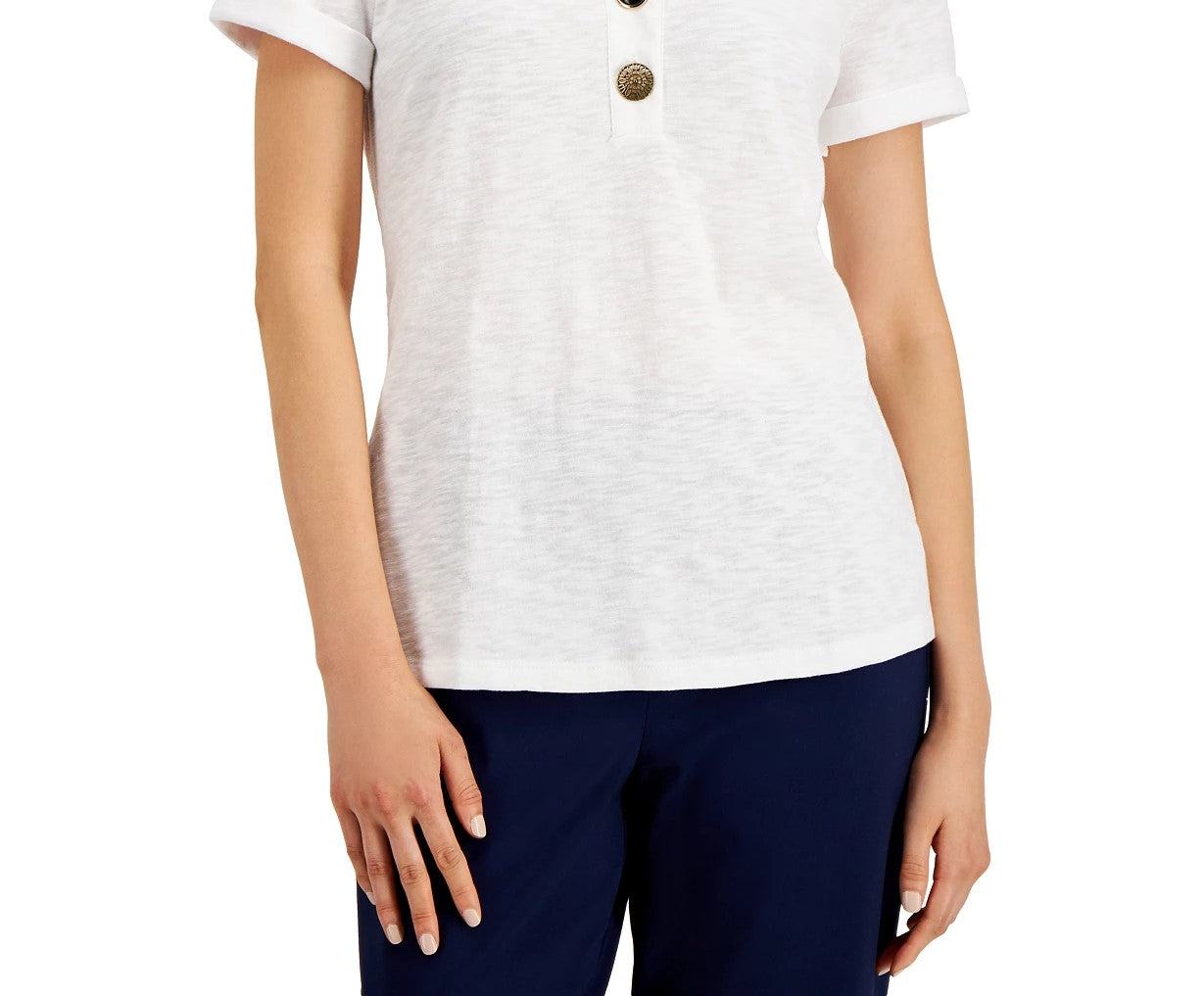 JM Collection Women's Mixed Button Top White Size Small