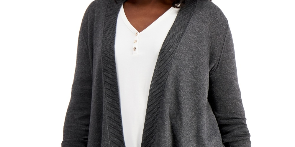 JM Collection Women's Textured Hem Cascade Front Cardigan Grey Size Medium