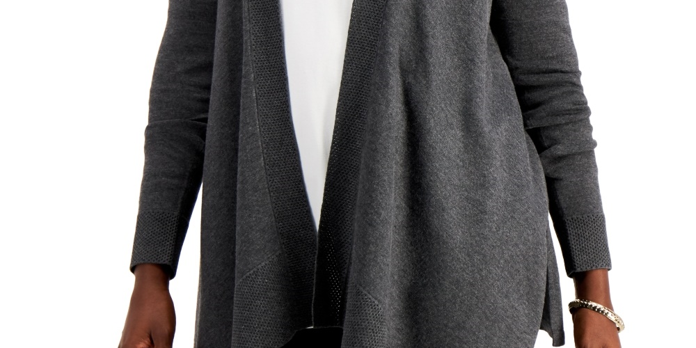 JM Collection Women's Textured Hem Cascade Front Cardigan Grey Size Medium