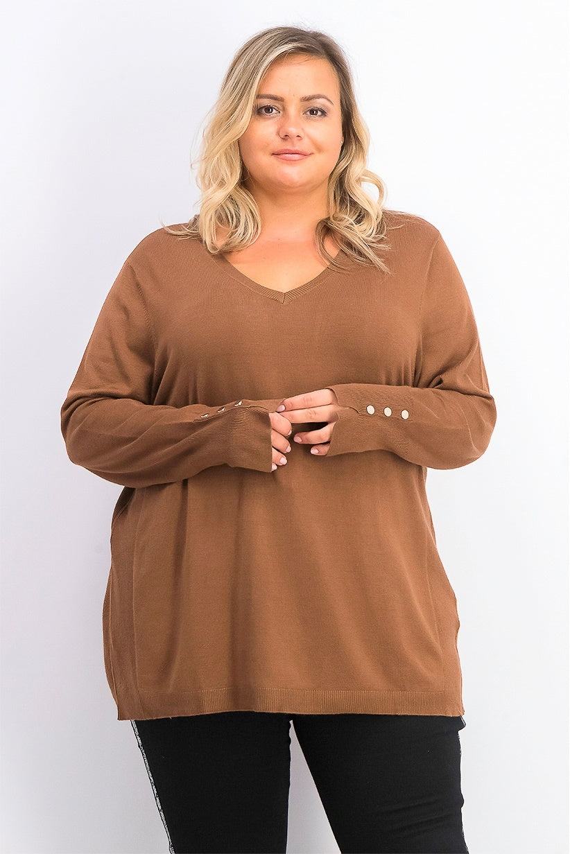 JM Collection Women's Button-Cuff V-Neck Pullover Sweater Brown Size X-Large