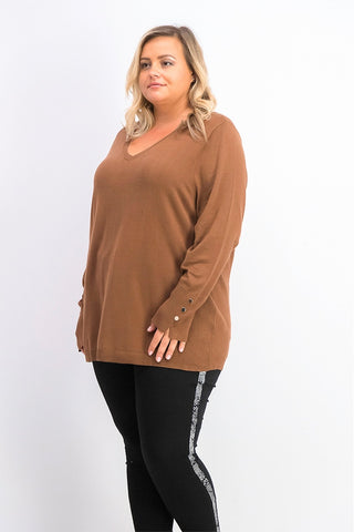 JM Collection Women's Button-Cuff V-Neck Pullover Sweater Brown Size X-Large