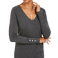 JM Collection Women's Button-Cuff V-Neck Pullover Sweater Gray Size Large
