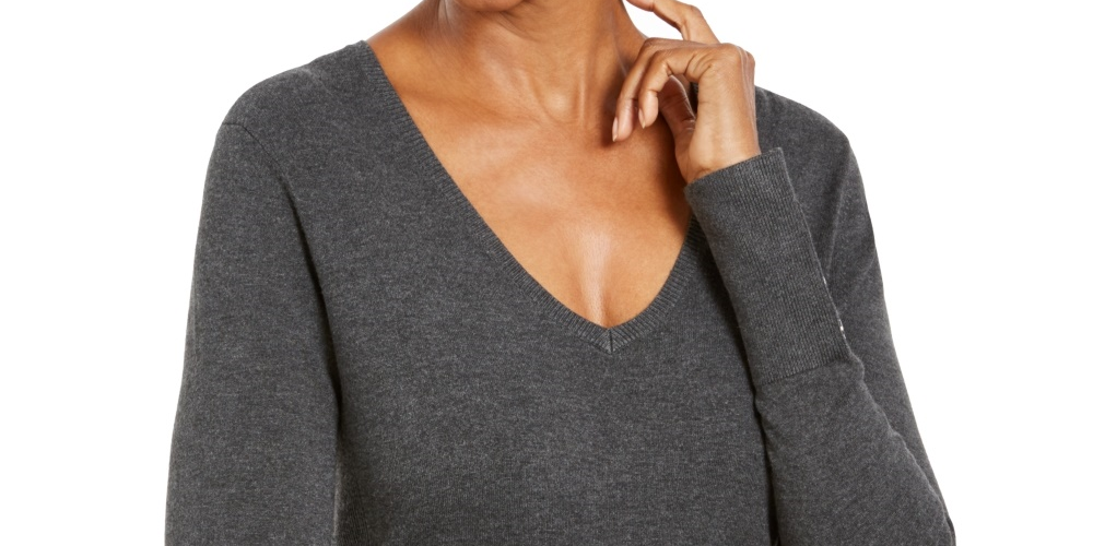 JM Collection Women's Button-Cuff V-Neck Pullover Sweater Gray Size Large