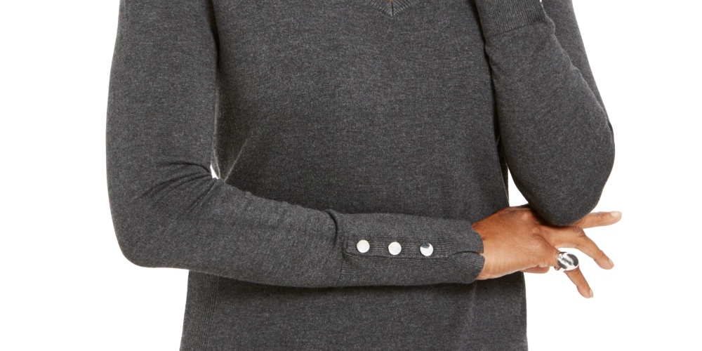 JM Collection Women's Button-Cuff V-Neck Pullover Sweater Gray Size Large