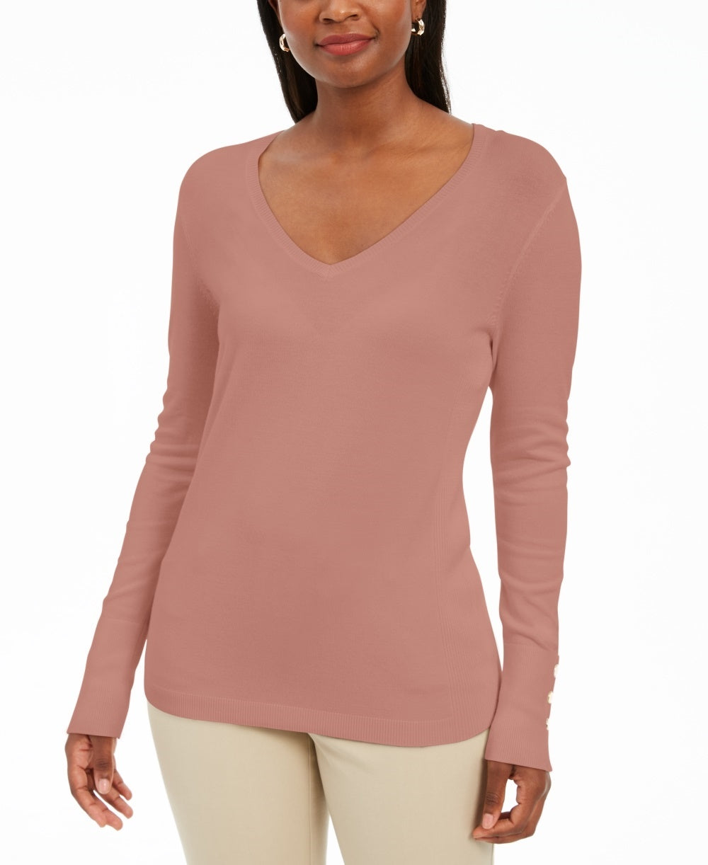 JM Collection Women's Button-Cuff V-Neck Pullover Sweater Bright Pink Size Small