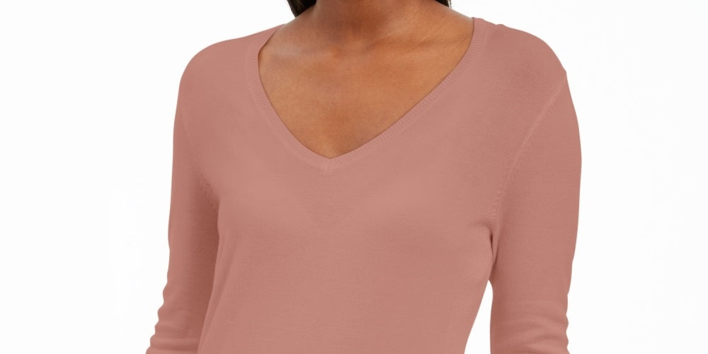 JM Collection Women's Button-Cuff V-Neck Pullover Sweater Bright Pink Size Small