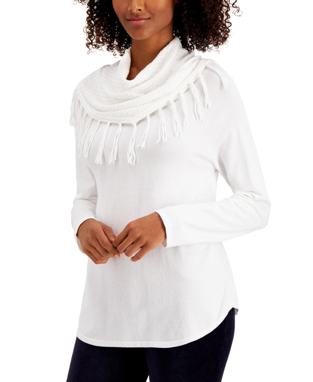 Style & Co Women's Fringe Cowl Neck Sweater White Size Small