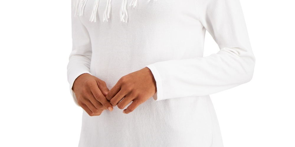 Style & Co Women's Fringe Cowl Neck Sweater White Size Small