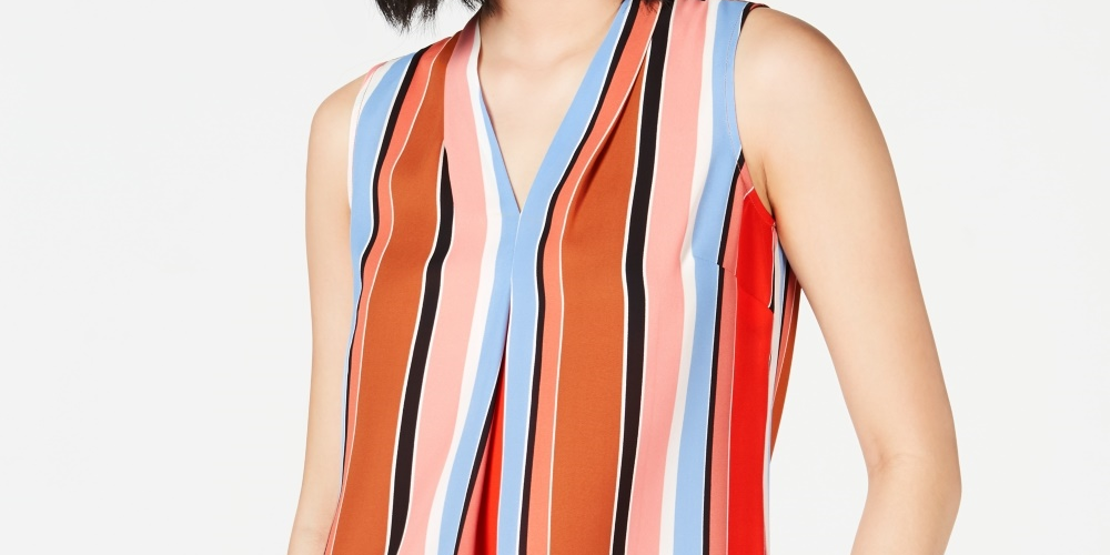 Bar III Women's Striped Inverted-Pleat Blouse  Natural Size Small