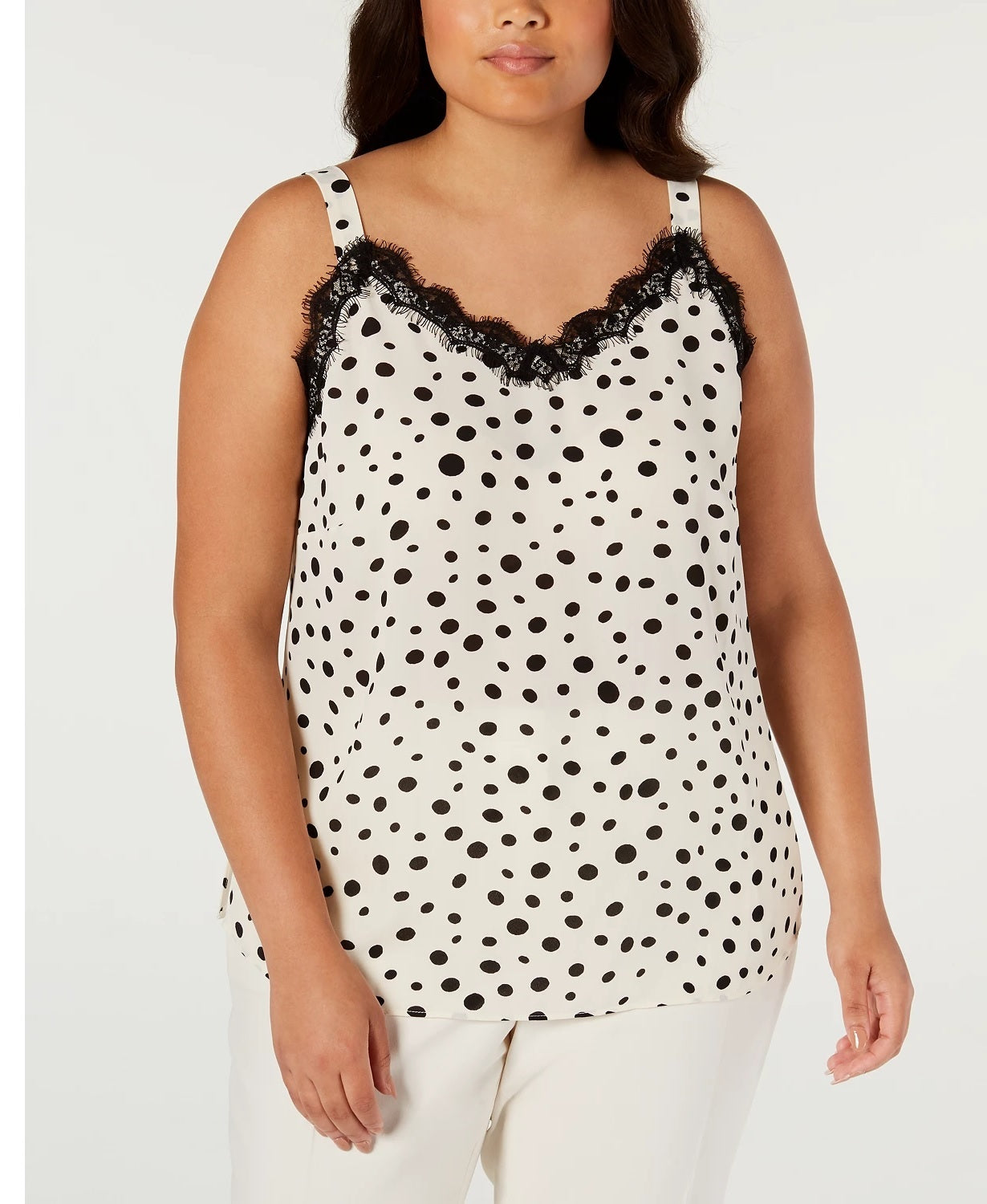Bar III Women's Polka Dot Lace Trim Sleeveless V Neck Blouse Evening Top Beige Size 1X