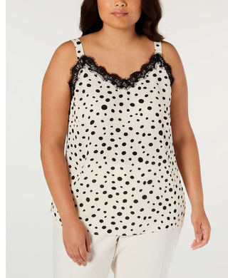 Bar III Women's Polka Dot Lace Trim Sleeveless V Neck Blouse Evening Top Beige Size 1X