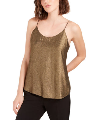 Bar III Women's Chiffon Metallic Foil Top Yellow Size X-Small