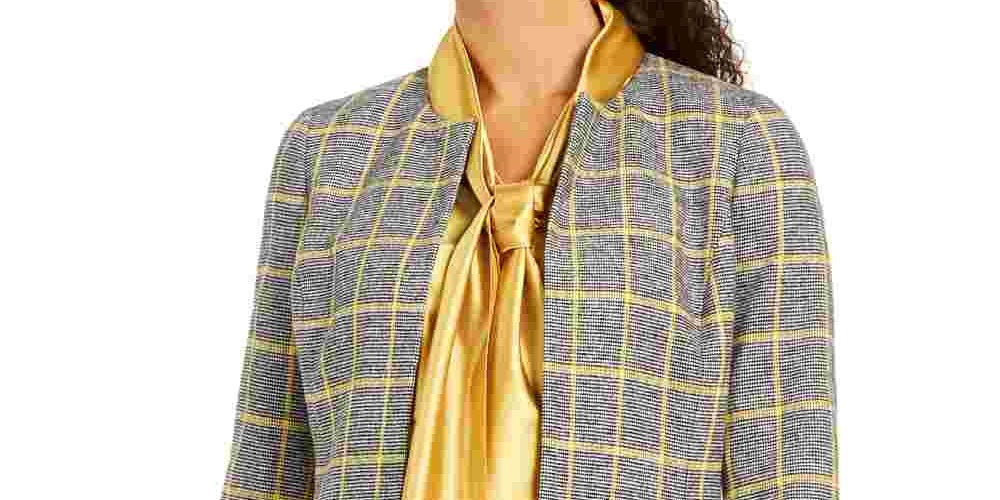 Kasper Women's Open Front Plaid Jacket Yellow Size 4