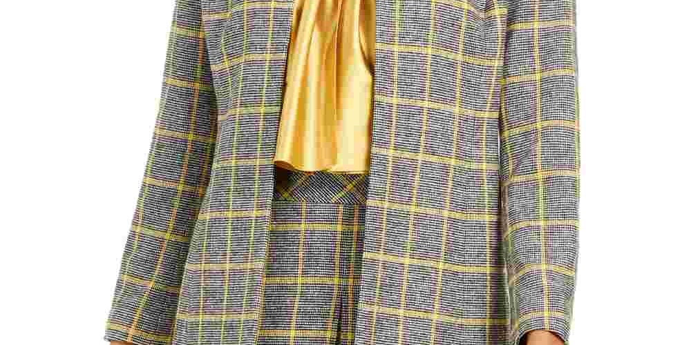 Kasper Women's Open Front Plaid Jacket Yellow Size 4