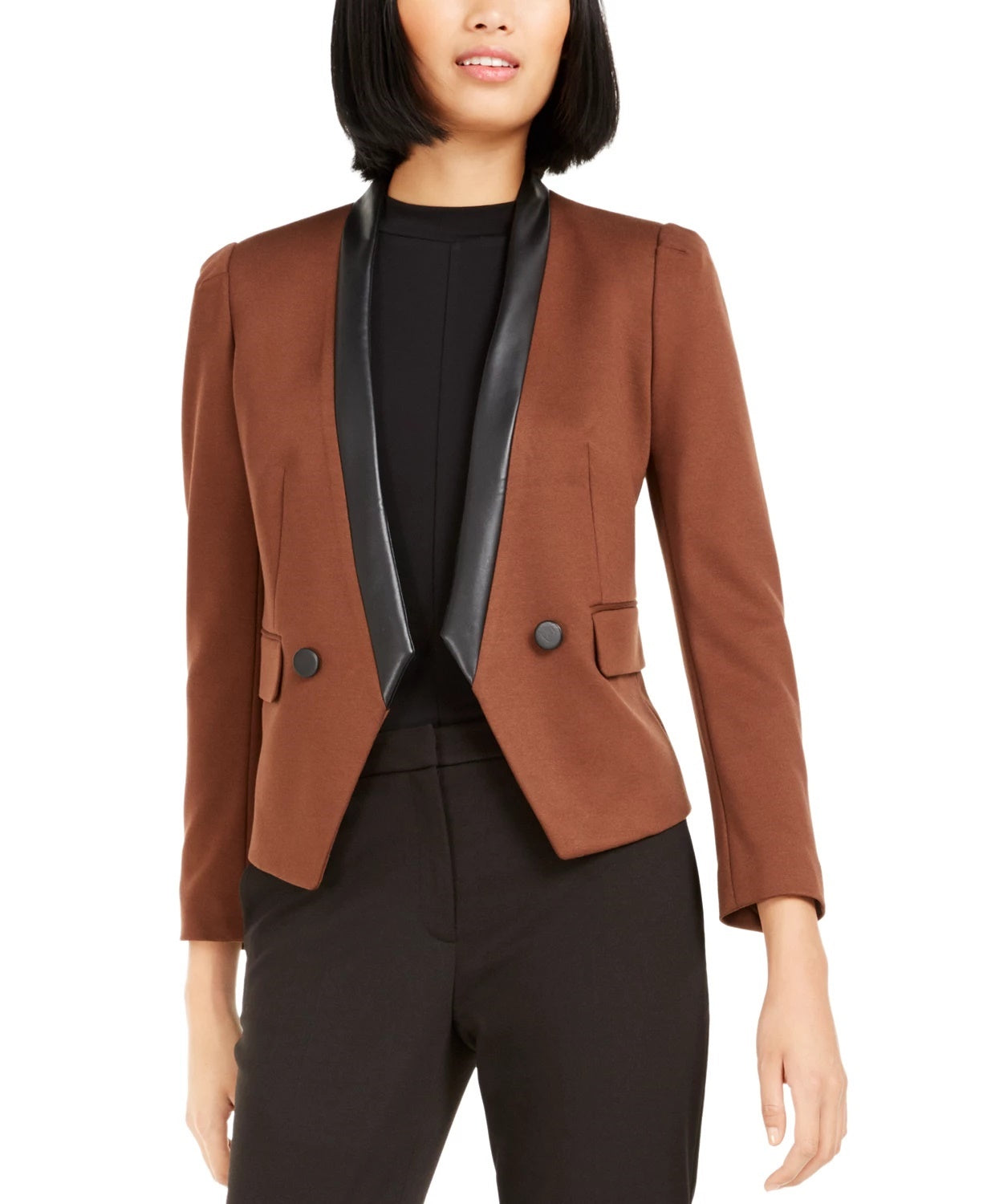Bar III Women's Faux Leather Suit Separate Open Front Blazer Brown Size 6