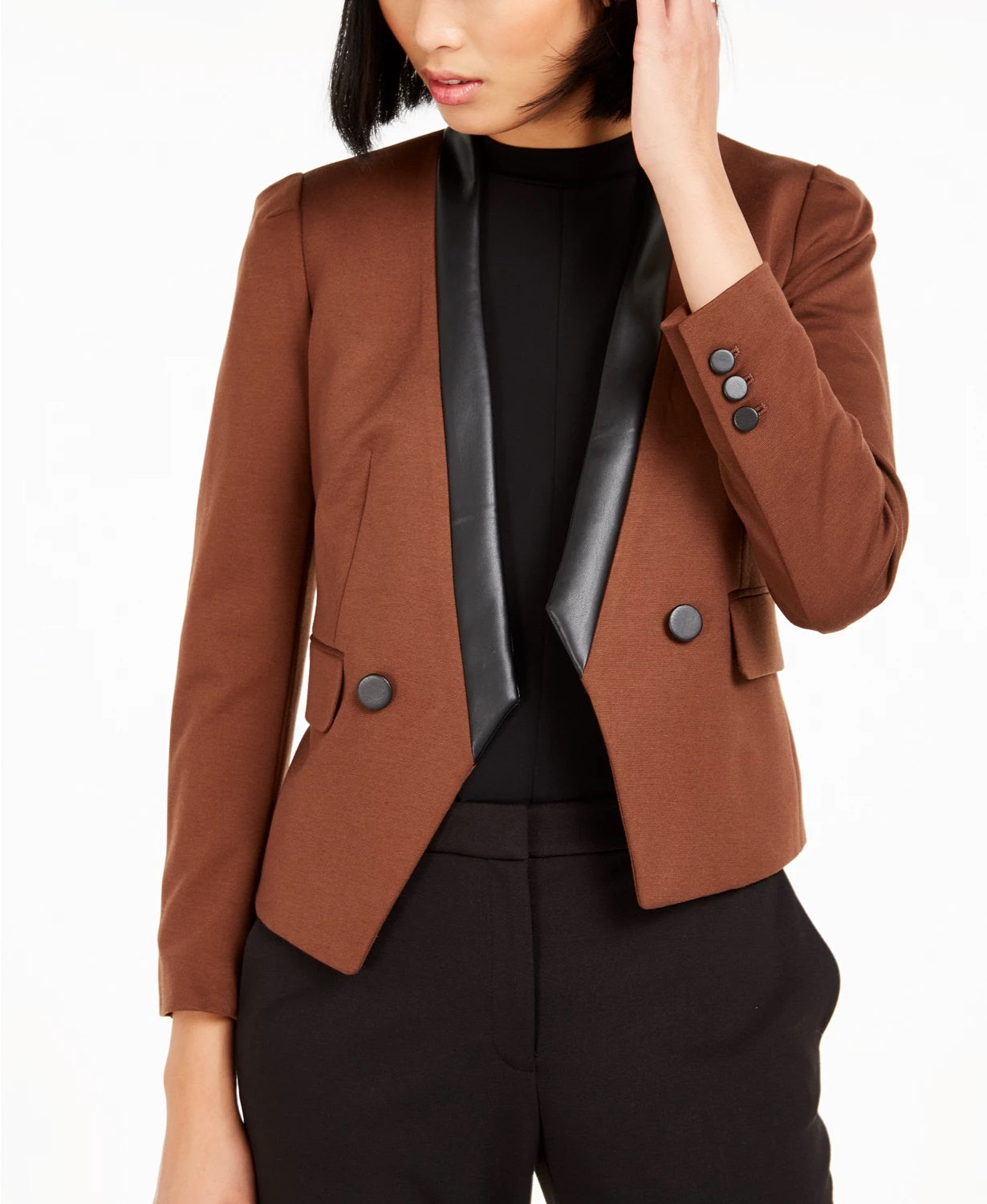 Bar III Women's Faux Leather Suit Separate Open Front Blazer Brown Size 6