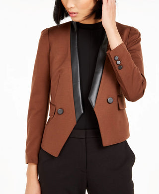 Bar III Women's Faux Leather Suit Separate Open Front Blazer Brown Size 6