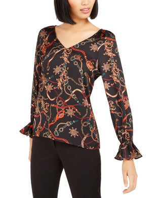 Bar III Women's V Neck Printed Blouse Black Size XX-Small