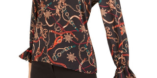 Bar III Women's V Neck Printed Blouse Black Size XX-Small