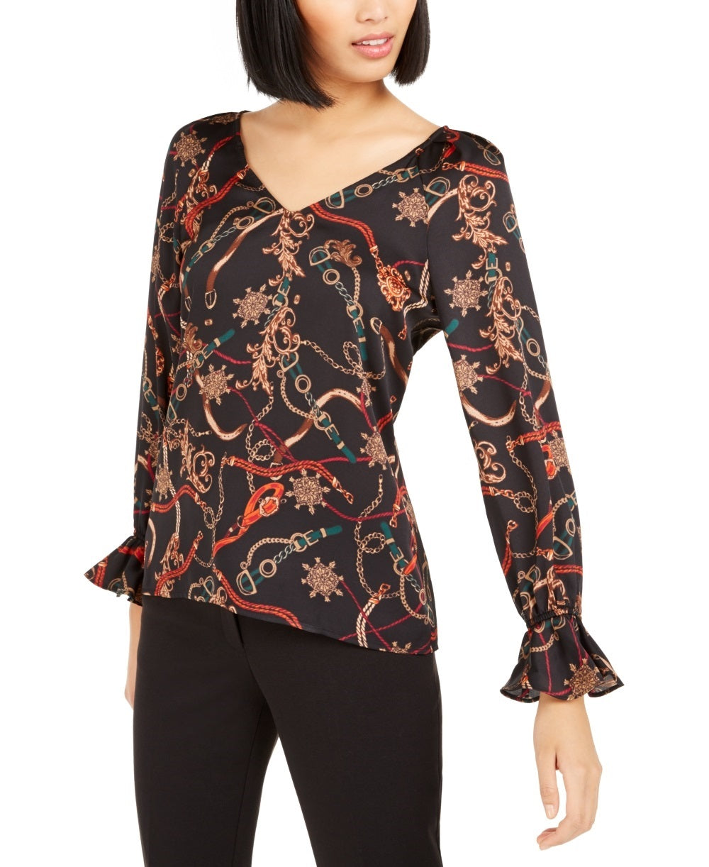 Bar III Women's Printed V Neck Top Charcoal Size X-Large