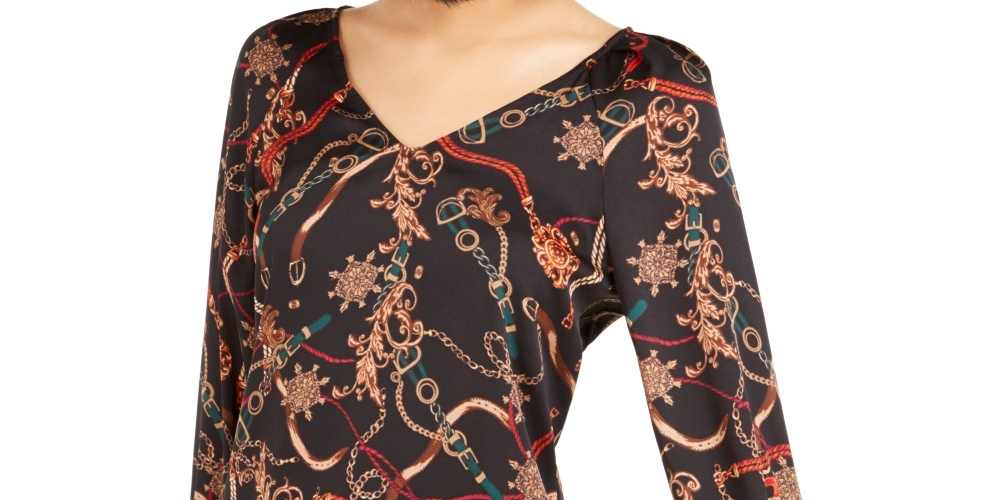 Bar III Women's Printed V Neck Top Charcoal Size X-Large