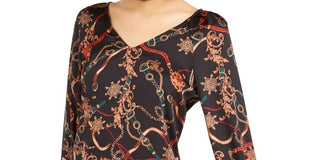 Bar III Women's Printed V Neck Top Charcoal Size X-Large