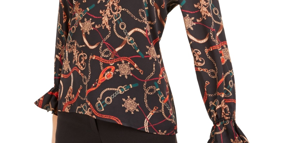 Bar III Women's Printed V Neck Top Charcoal Size X-Large