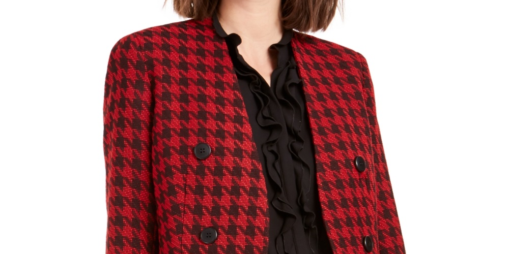 Bar III Women's Houndstooth Collarless Double-Breasted Jacket Red Size 6