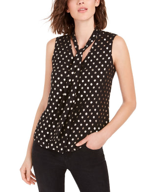 Bar III Women's Dot Print Chiffon Tie Neck Top Black Size X-Small