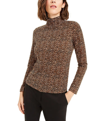 Bar III Women's Animal Print Turtleneck Top Brown Size X-Small