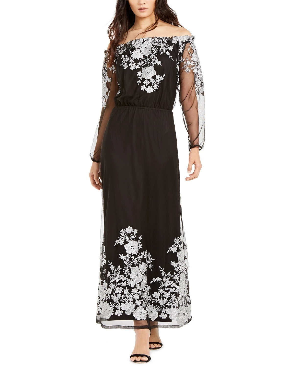 INC International Concepts Women's Embroidered Off-The-Shoulder Maxi Dress Black Size 8