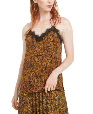 Bar III Women's Snake-Print Lace-Trim Top Med Yellow Size Large