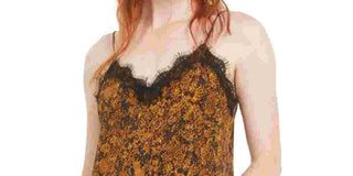 Bar III Women's Snake-Print Lace-Trim Top Med Yellow Size Large