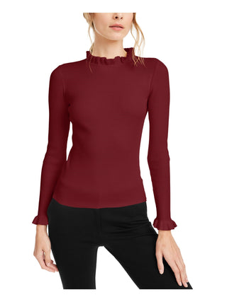 Anne Klein Women's Ruffled Long Sleeve Mock T-Shirt Sweater Wine Size X-Large