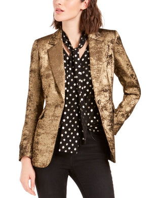 Bar III Women's Metallic One Button Blazer Gold Size 2
