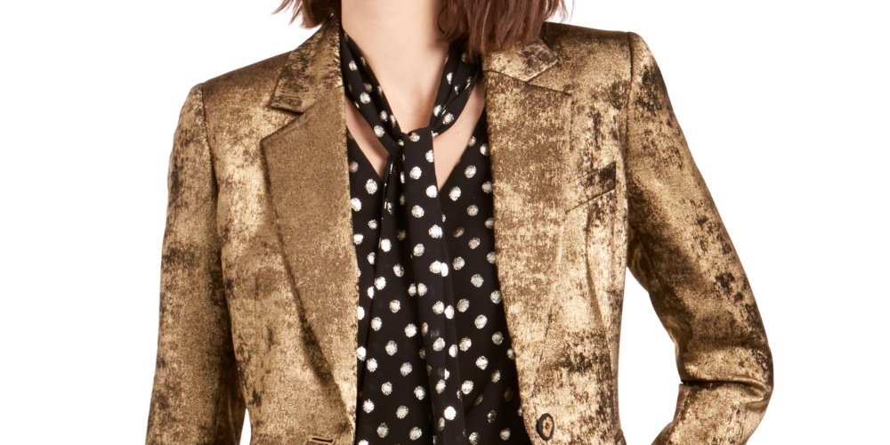 Bar III Women's Metallic One Button Blazer Gold Size 2