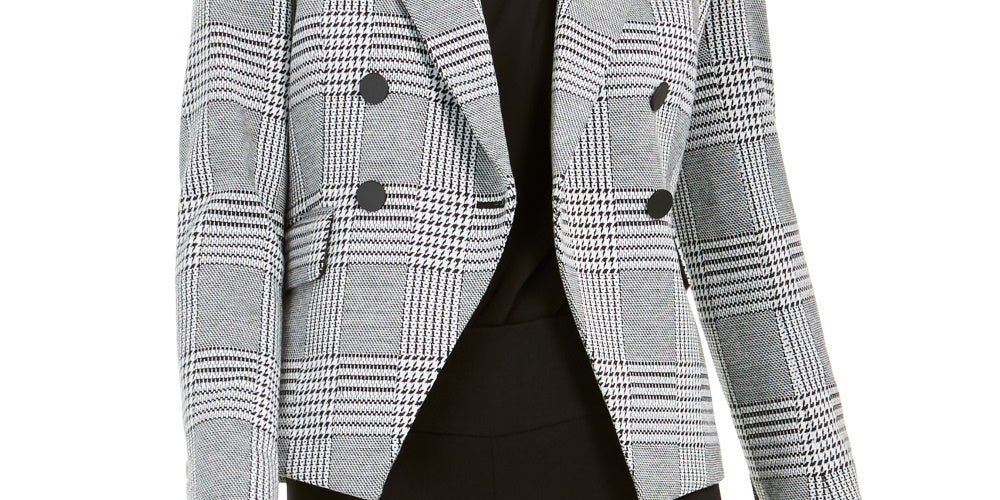 Bar III Women's Houndstooth Print Double Breasted Jacket Black Size 12
