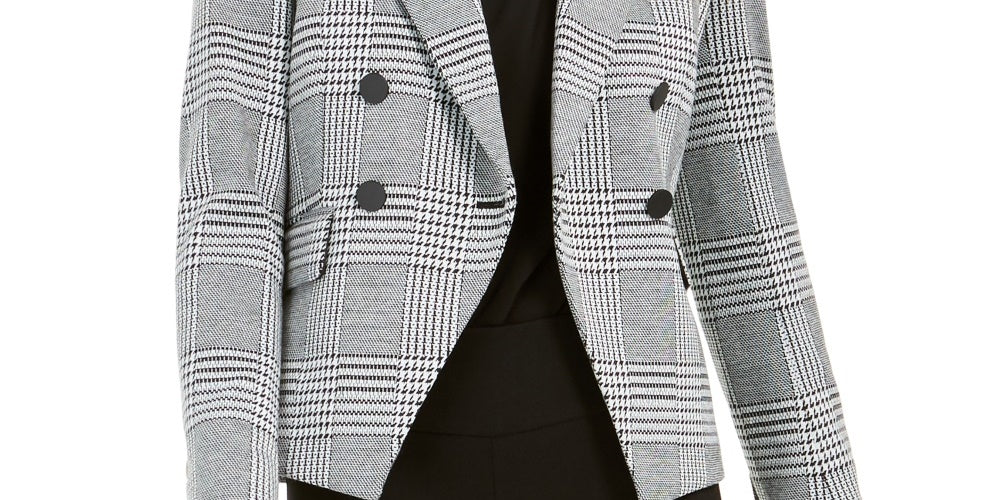Bar III Women's Houndstooth Print Double Breasted Jacket Black Size 2